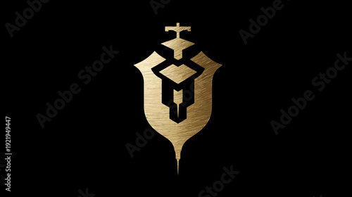 A golden crest with a cross, shield-like design on a black background. Textured gold appearance