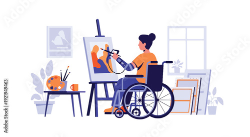 Modern vector illustration of disabled artist painting in studio with adaptive tools in flat solid color style representing creativity, empowerment and artistic expression