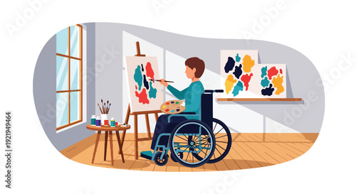 Modern vector illustration of disabled artist painting in studio with adaptive tools in flat solid color style representing creativity, empowerment and artistic expression