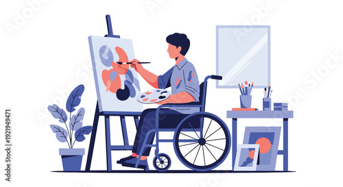 Modern vector illustration of disabled artist painting in studio with adaptive tools in flat solid color style representing creativity, empowerment and artistic expression