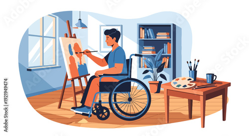 Modern vector illustration of disabled artist painting in studio with adaptive tools in flat solid color style representing creativity, empowerment and artistic expression