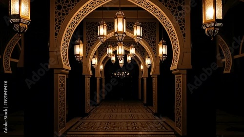 Ornate Archway Corridor with Hanging Lanterns.