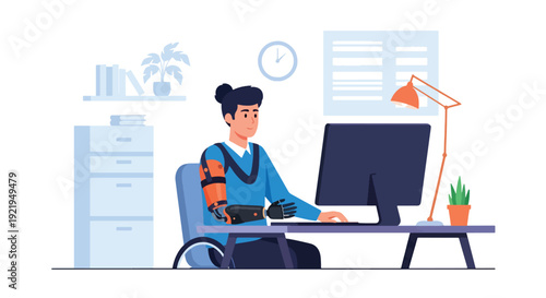 Modern vector illustration of professional using prosthetic arm working at desk in flat solid color style representing workplace inclusion, empowerment and equal opportunity