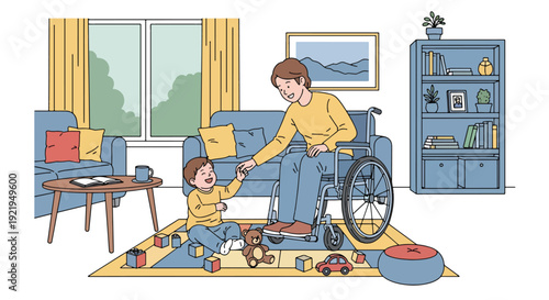 Modern vector illustration of disabled parent playing with child in living room in flat solid color style celebrating inclusive family life, parenting and emotional bonding