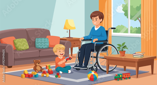 Modern vector illustration of disabled parent playing with child in living room in flat solid color style celebrating inclusive family life, parenting and emotional bonding