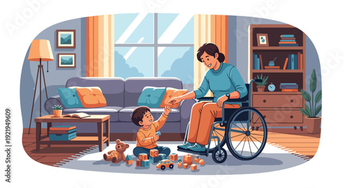 Modern vector illustration of disabled parent playing with child in living room in flat solid color style celebrating inclusive family life, parenting and emotional bonding