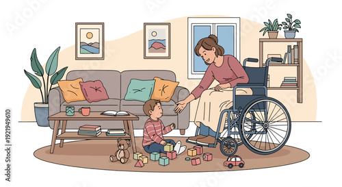 Modern vector illustration of disabled parent playing with child in living room in flat solid color style celebrating inclusive family life, parenting and emotional bonding