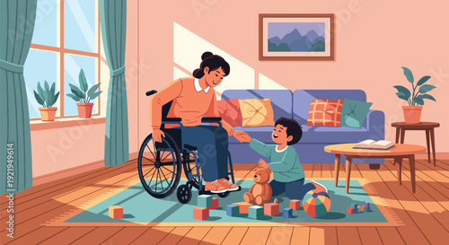 Modern vector illustration of disabled parent playing with child in living room in flat solid color style celebrating inclusive family life, parenting and emotional bonding