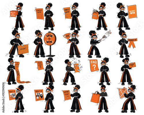 Contest & Information Character Set: Woman Illustrating Entries, Prizes, Policies, and Support for Customers