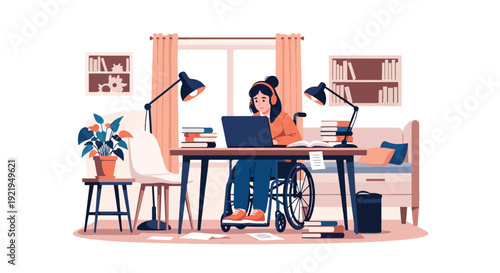 Modern vector illustration of disabled student studying with laptop and adaptive tools in flat solid color style highlighting equal education access and opportunity