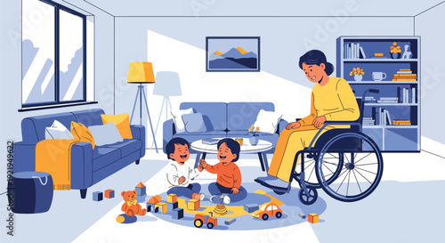 Modern vector illustration of disabled parent playing with child in living room in flat solid color style celebrating inclusive family life, parenting and emotional bonding