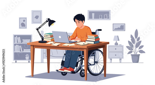 Modern vector illustration of disabled student studying with laptop and adaptive tools in flat solid color style highlighting equal education access and opportunity