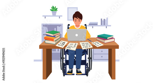 Modern vector illustration of disabled student studying with laptop and adaptive tools in flat solid color style highlighting equal education access and opportunity