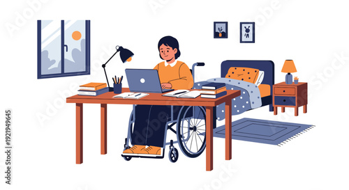 Modern vector illustration of disabled student studying with laptop and adaptive tools in flat solid color style highlighting equal education access and opportunity