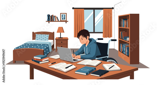 Modern vector illustration of disabled student studying with laptop and adaptive tools in flat solid color style highlighting equal education access and opportunity
