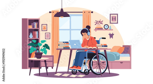 Modern vector illustration of disabled student studying with laptop and adaptive tools in flat solid color style highlighting equal education access and opportunity