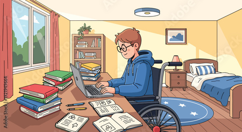 Modern vector illustration of disabled student studying with laptop and adaptive tools in flat solid color style highlighting equal education access and opportunity