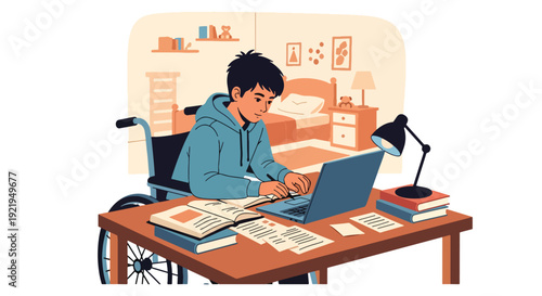 Modern vector illustration of disabled student studying with laptop and adaptive tools in flat solid color style highlighting equal education access and opportunity