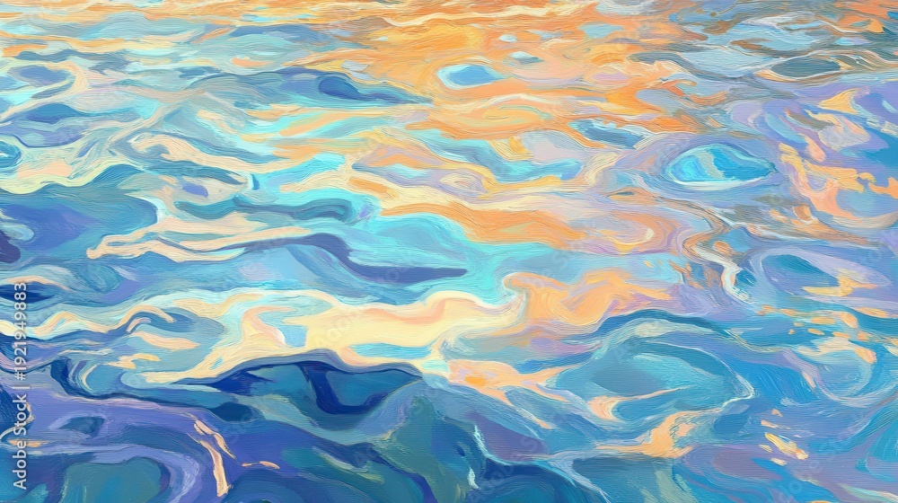 Fototapeta premium Impressionistic Abstract of Coastal Water Reflections with Warm Sunset Hues and Cool Blue Tones