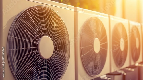 Modern outdoor cooling system units with prominent fans and dynamic angles bathed in warm sunlight