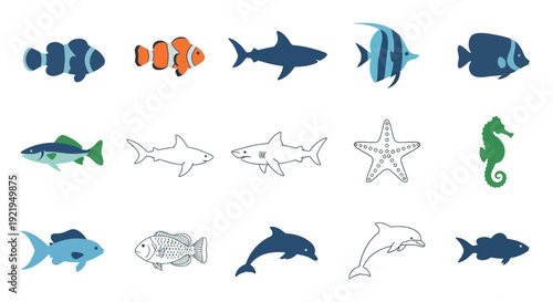 Collection of various marine life illustrations including fish, sharks, and dolphins.