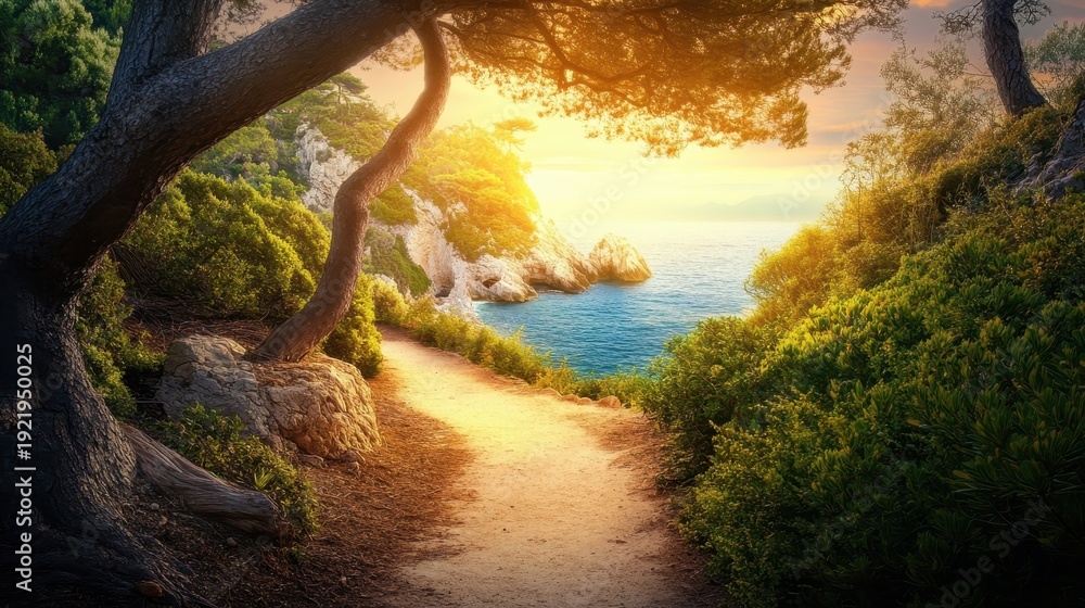 Fototapeta premium Golden Sunlight Illuminates a Coastal Pathway Leading to a Breathtaking Ocean Overlook