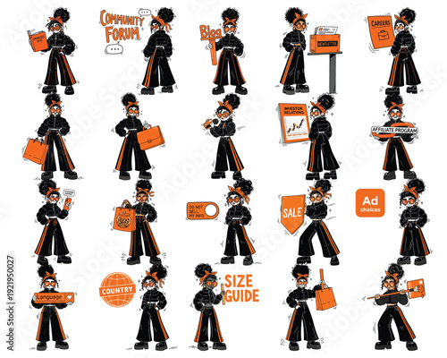Diverse business woman character in 25 poses illustrating online shopping, marketing, communication, and business concepts with orange and black accents.