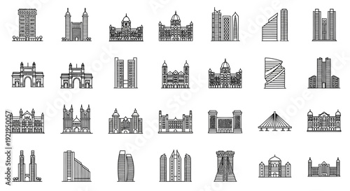 Collection of various architectural illustrations of buildings and structures from different viewpoints