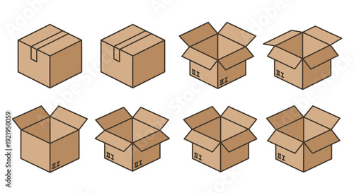 Collection of various cardboard boxes in different states of being opened, viewed from directly above