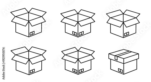 Collection of open and closed boxes illustrated in a simple line art style on a plain background