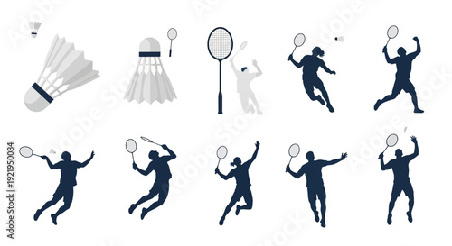 Dynamic silhouettes of badminton players in action, showcasing various movements and strokes on the court from different viewpoints.