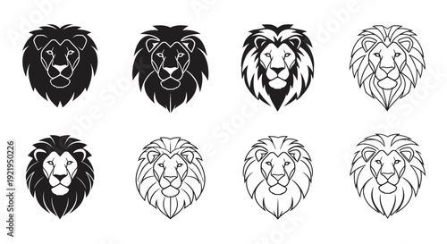 A collection of lion head illustrations showcasing various styles and designs from different viewpoints