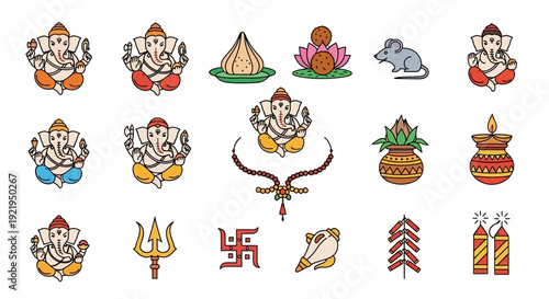 Collection of Hindu deity symbols and icons displayed in a grid arrangement on a plain background viewed from directly above