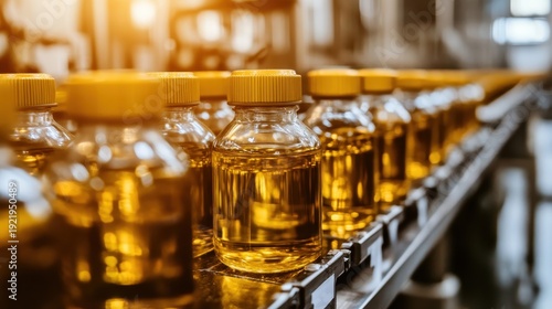 Wallpaper Mural Row of golden liquid filled bottles on an industrial production line, representing advanced manufacturing and quality control. Torontodigital.ca