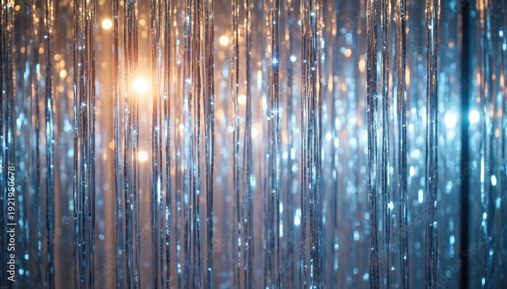 Fototapeta premium Sparkling silver tinsel fringe curtain shines with warm bokeh lights behind. Shimmering metallic strands create festive holiday or party backdrop. Shiny shiny material adds glamour and fun.
