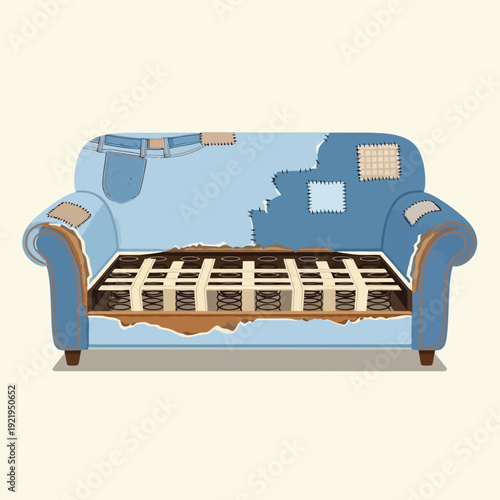 Ripped Old Couch Showing Internal Springs and Patchwork