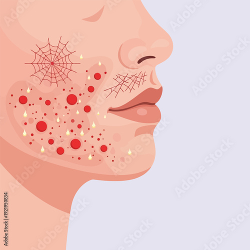 Dermatological Symptoms of Rosacea and Acne on Face