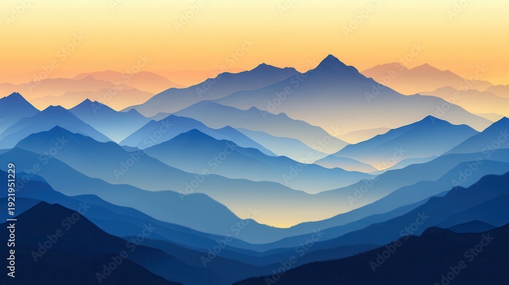 Fototapeta premium Panoramic mountain layers at sunset with vibrant color contrasts and soft evening light