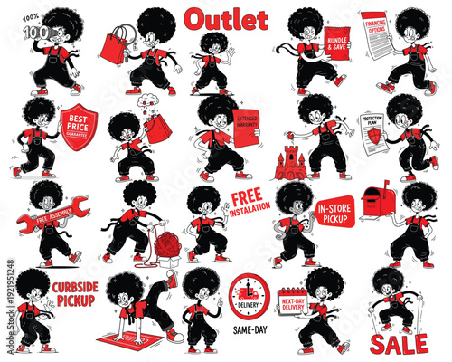 Cheerful character demonstrating retail services: 'Outlet', 'Financing Options', 'Bundle & Save', 'Protection Plan', 'Free Installation', 'Curbside Pickup', and 'Same-Day Delivery'.