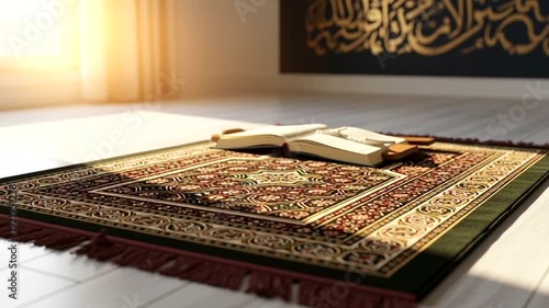 Prayer Rug with Quran in Serene Room.