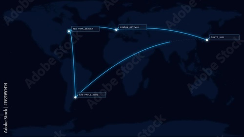 Hub connecting a server in New York, São Paulo, London, and Tokyo.