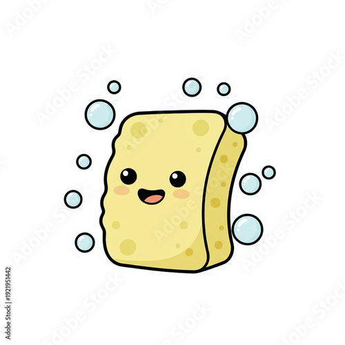 Adorable smiling dish sponge character with soap bubbles in flat pastel vector style. Bold outline and white sticker border. Great for kitchen cleaning themes and printable sticker packs.