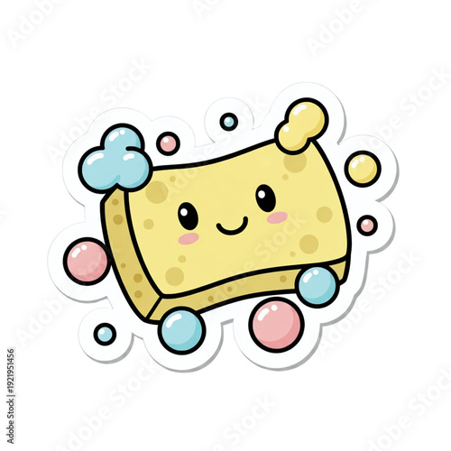Adorable smiling dish sponge character with soap bubbles in flat pastel vector style. Bold outline and white sticker border. Great for kitchen cleaning themes and printable sticker packs.