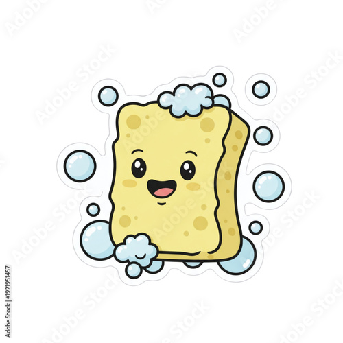 Adorable smiling dish sponge character with soap bubbles in flat pastel vector style. Bold outline and white sticker border. Great for kitchen cleaning themes and printable sticker packs.