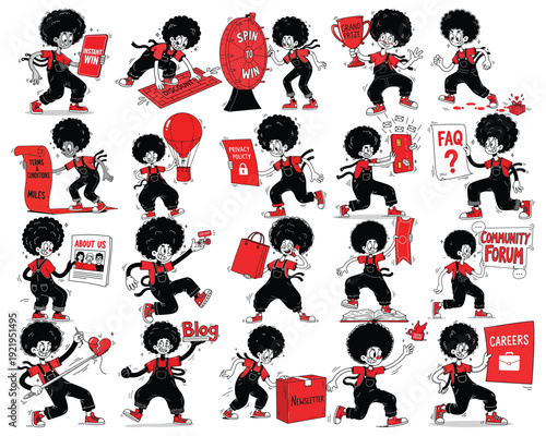 Dynamic character designs showcasing online engagement and communication: 'Spin to Win', 'FAQ', 'Community Forum', 'Blog', 'Newsletter', 'Careers', 'Terms & Conditions', and 'About Us'.