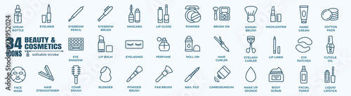 Beauty and cosmetics vector icon set with skincare, spa treatment products for face, body and wellness routine