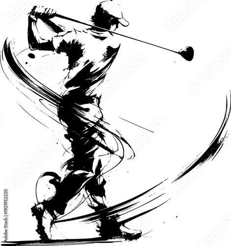 Inkwash vector style of a golf player, isolated on white. Ideal for logos, posters, branding, icons, merchandise, and golf sports promotional designs.