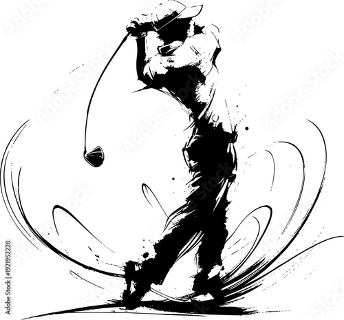 Inkwash vector style of a golf player, isolated on white. Ideal for logos, posters, branding, icons, merchandise, and golf sports promotional designs.