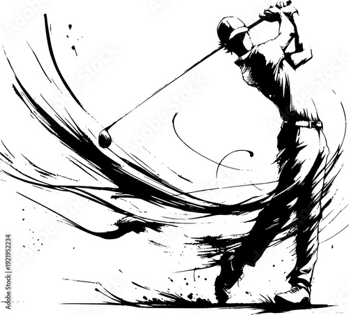 Inkwash vector style of a golf player, isolated on white. Ideal for logos, posters, branding, icons, merchandise, and golf sports promotional designs.