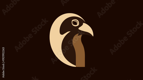 A stylized bird portrait in earth tones set against a dark background. Features a sharp beak and eye